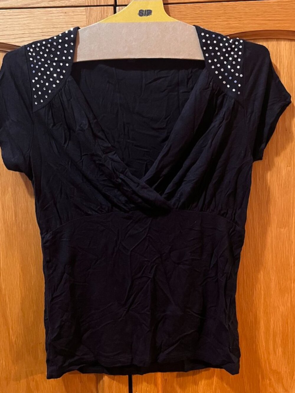 Diamond detail Studded Black Women's V-Neck Top